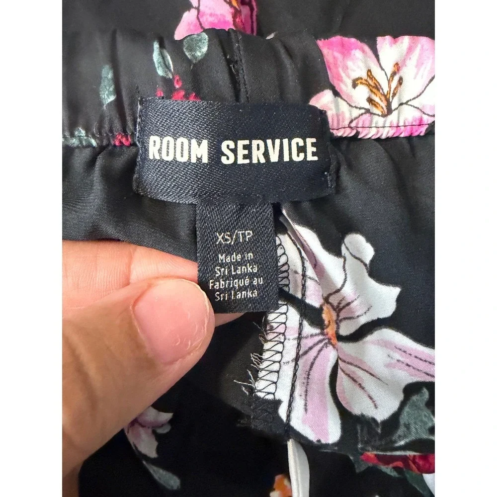 Room Service Womens Floral‎ Pajama Pants Black Satin Cropped Wide Leg XS